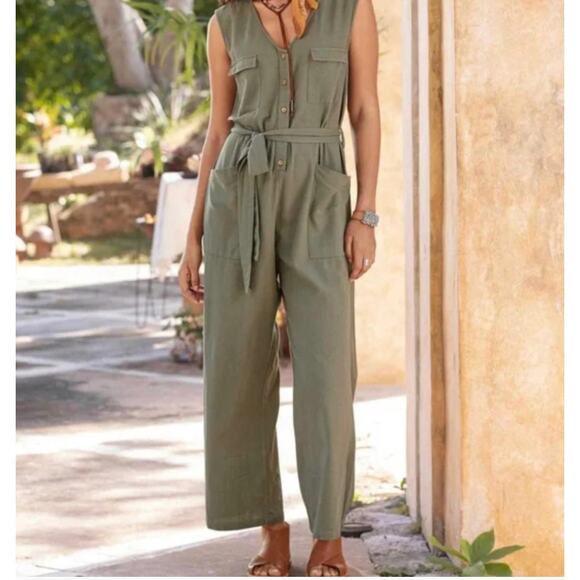 The Shanty Flax Linen Sage Green Jumpsuit Romer Tie Waist Utility L Large - Picture 1 of 11